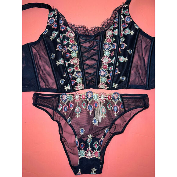 Victoria's Secret 36C/D L CORSET BRA TOP SET Panty navy BLUE Bejeweled EMBROIDER - Picture 1 of 4